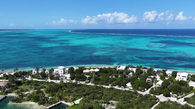 Gracie Bay Beach At Providenciales In Overseas Territory Turks And Caicos Islands. Beach Landscape. Shades Of Blue Watercolor. Travel Destination. Gracie Bay Beach In Providenciales. Nature Seascape.