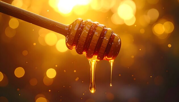 Golden, organic honey drips sweetly from a wooden dipper, highlighting the delicious, sticky liquid food