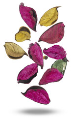 vertical floating arrangement of dried potpourri botanicals featuring rich magenta, golden brown, and deep red petals on black.