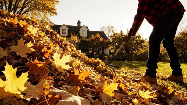 Person raking autumn leaves in sunny yard vibrant fall colors seasonal outdoor work natural light