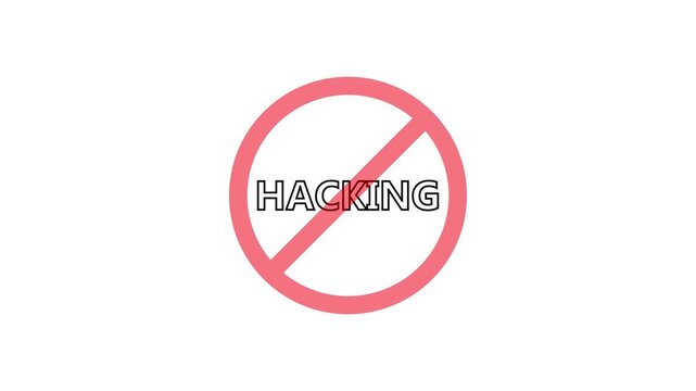 A circular red and black no hacking text icon animation.stop,not allowed and ban concept animation.