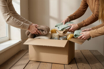 Hands filling donation box with essential items
