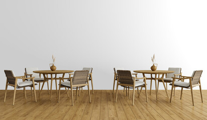 Scandinavian Outdoor-Inspired Dining Interior with Natural Wood Table and Woven Chairs – Isolated Wall PNG for Modern Café and Restaurant Designs