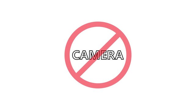A circular red and black no camera text icon animation.stop,not allowed and ban concept animation.