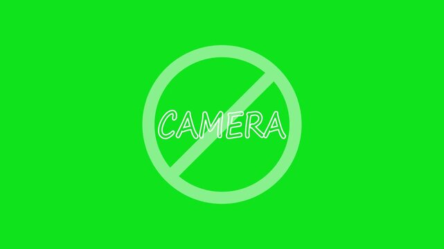 A circular red and black no camera text icon animation.stop,not allowed and ban concept animation.