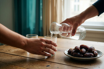 Hands pouring water into glass with dates on wooden table
