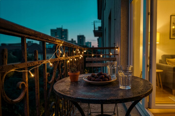 Evening atmosphere on balcony with dates and lights