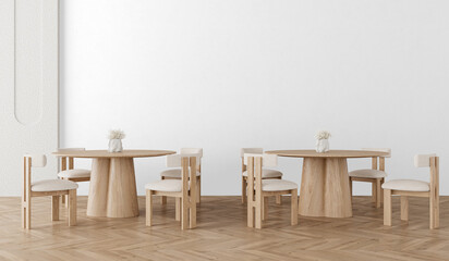 Minimal Japandi Dining Interior in Light Oak Wood with Sculptural Round Tables – Isolated Wall PNG for Modern Café & Restaurant Concepts