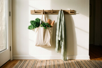 Fresh groceries tote bag on wall with natural light