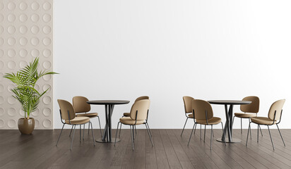 Modern Café Interior with Round Black Tables and Beige Upholstered Chairs – Cut-Out PNG, Minimalist Dining Furniture Scene with Decorative Plant and Dark Wood Flooring