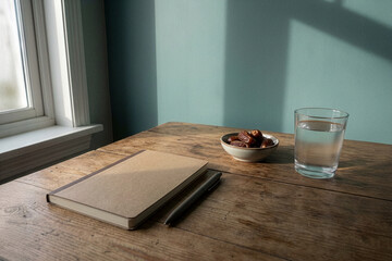 Wooden table with notebook and dates under natural light