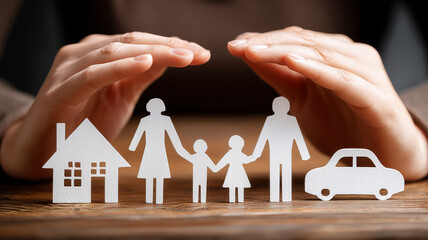 A protective gesture surrounding symbolic cutouts of a family, house and car, representing security, responsibility and comprehensive coverage.
