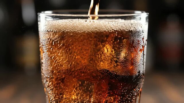 Pouring Cola with Ice Cubes, A Closeup View of Ice and Bubbles in the Glass, Highlighting the Fizz of the Cold Soda.