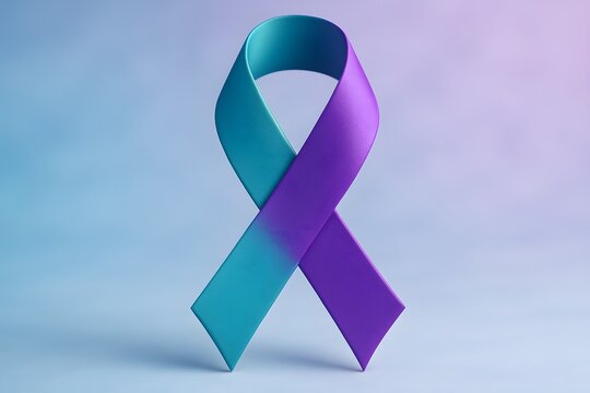 Teal and purple awareness ribbon symbolizing suicide prevention, domestic violence awareness, sexual assault support, mental health advocacy, strength, hope, and global awareness causes