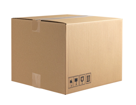 A clean front-facing cardboard box mockup with sealed top flaps, light warehouse-style texture, soft natural shadow beneath the box, minimal realistic details, isolated on a transparent PNG background