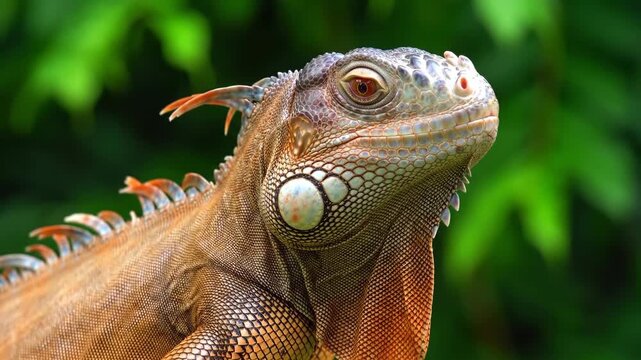 Close up reptile head detail outdoor green foliage background natural lighting