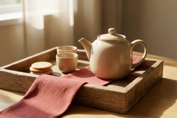 Relaxing tea time with biscuits on a wooden tray