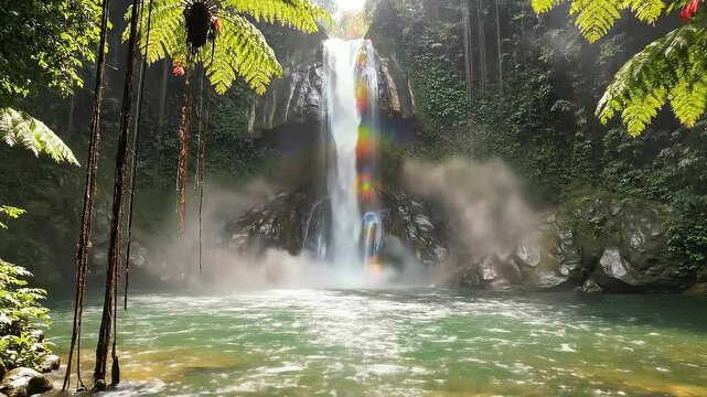 Tropical Waterfall in Lush Jungle with Rainbow Mist