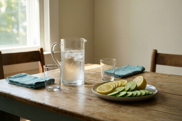 Fresh iced water with lemon lime and cucumber slices on wooden table