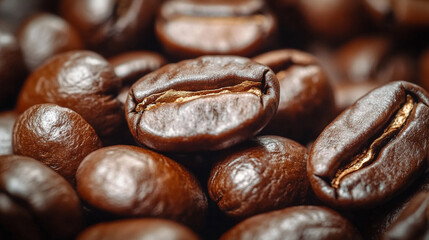 Naklejka premium Cinematic macro view of roasted coffee beans, capturing rich texture, warm tones, and aromatic appeal. A slow-motion feel enhances depth, highlighting the essence and intensity of premium coffee.