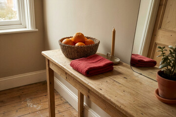 Wooden console table with oranges candle and red fabric