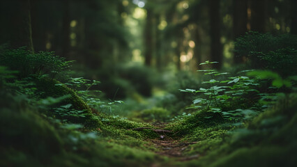 Enchanted forest path covered in lush green moss and soft bokeh light