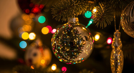 Detailed Macro Reflection of Illuminated Christmas Tree Inside Clear Glass Crystal Ball amidst Colorful Bokeh Lights