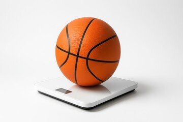 Studio image orange basketball ball resting on center of white digital bathroom scale on pure white background