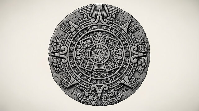 Ancient Aztec Sun Stone or Calendar Stone Engraving (Monochrome)