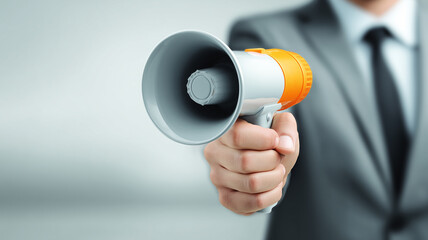 A hand holding a megaphone to represent communication power, public announcements and the amplification of important messages.
