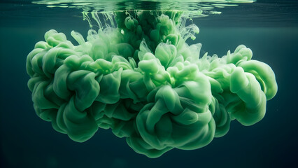 Vibrant green ink plume flowing dark water fluid motion concept