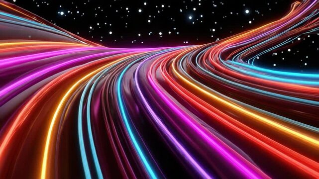 Colorful Energy Stream: A vibrant, dynamic pathway of glowing lights cuts through a dark, star-studded expanse, suggesting a journey through the boundless cosmos.