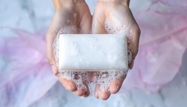 Hands holding a bar of soap with lather and bubbles, promoting hygiene and cleanliness