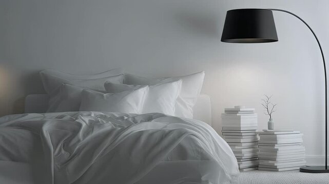 Minimalist Bedroom Scene with Modern Bed and Floor Lamp in Soft Natural Light