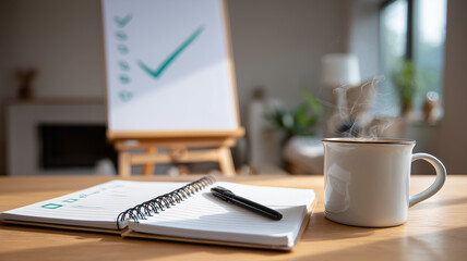 A productivity planning concept combining a notebook coffee and checklist board symbolizing organization structured workflow clarity and focused task management.
