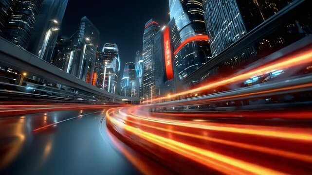 Dynamic Cityscape: Capturing the energy of a vibrant metropolis at night, with streams of light illuminating the roads, buildings, and cityscape, symbolizing fast-paced progress.