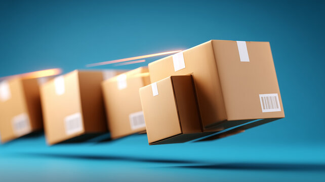A fast delivery concept depicting cardboard boxes moving in a synchronized flow symbolizing shipment coordination operational speed and high performance logistics systems.
