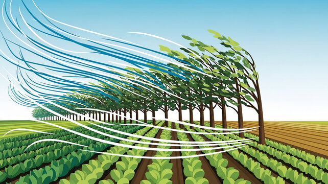 Windbreak Trees Protecting Crop Field from Strong Wind Gusts Illustration