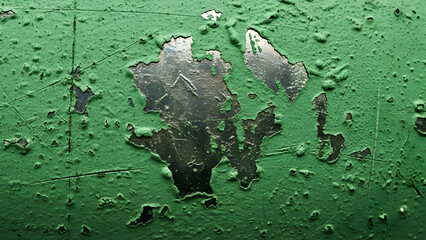 Vibrant green cracked paint flaking distressed metal background texture