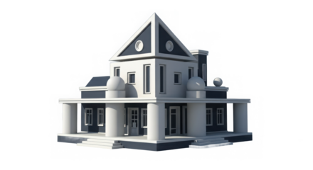 Detailed architectural model of a classic victorian style haunted mansion with a prominent tower and wrap around porch isolated on transparent background