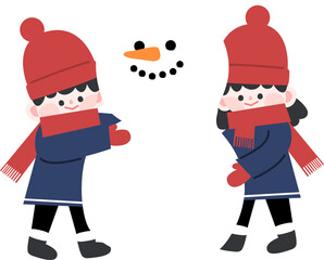 어린이,아이,겨울,겨울방학,눈사람,눈사람 만들기,눈사람만들기,눈사람꾸미기,Cute Kids, Boy and Girl, Building Snowman, Winter Activity, Winter Fun, Snow Play, Snowman Scene, Winter Cartoon, Kids Illustration