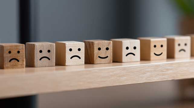 An emotional evaluation concept illustrated with wooden blocks showing varying facial expressions representing sentiment analysis decision making and human centered assessment.
