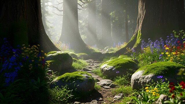 A serene forest pathway surrounded by tall trees, soft mist, and gentle morning sunlight. Ideal for nature concepts, relaxation themes, and peaceful outdoor scenery.
