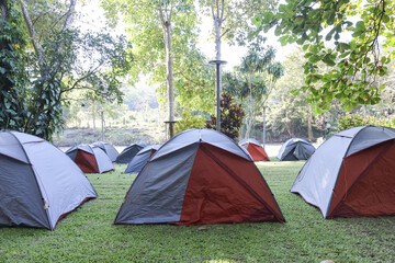 Many dome tent for camping in green park for outdoor recreation. peaceful summer vacation in nature...