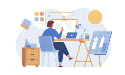 Fashion designer at work creating modern clothing sketches, a scene of creative passion and style development in a bright studio workspace