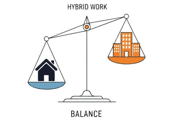Hybrid Work Balance Concept Scales Weighing Home vs Office Buildings for Flexible Employment scientific concept future technology abstract illustration