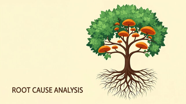 Root Cause Analysis Concept with Tree, Mushrooms, and Exposed Underground Roots