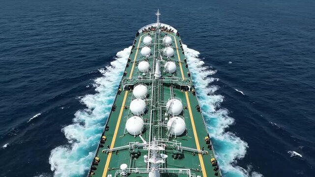 Aerial view of a large lng tanker ship sailing through open sea