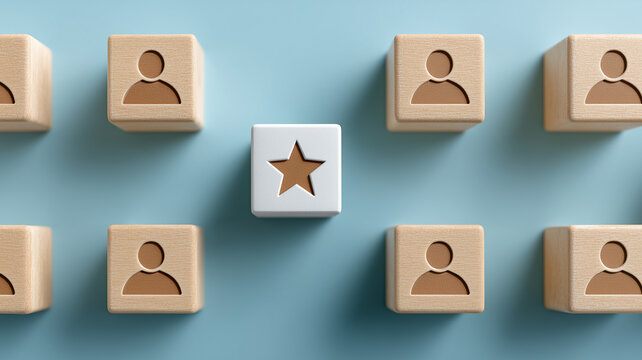 A standout talent concept featuring a central star block surrounded by multiple human icons symbolizing recognition distinction and leadership within a structured group.
