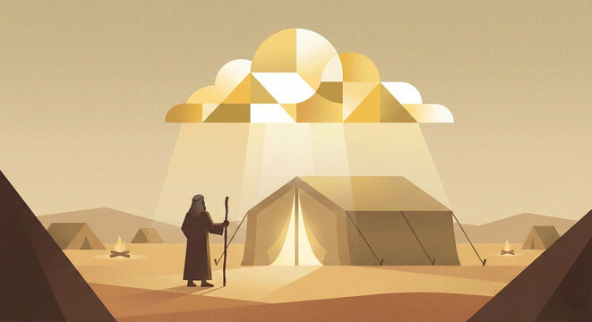 The Tent of Meeting

Moses speaking with God as a geometric glowing cloud descends at the tent entrance, muted sand palette with soft light gradients, minimal camp shapes.